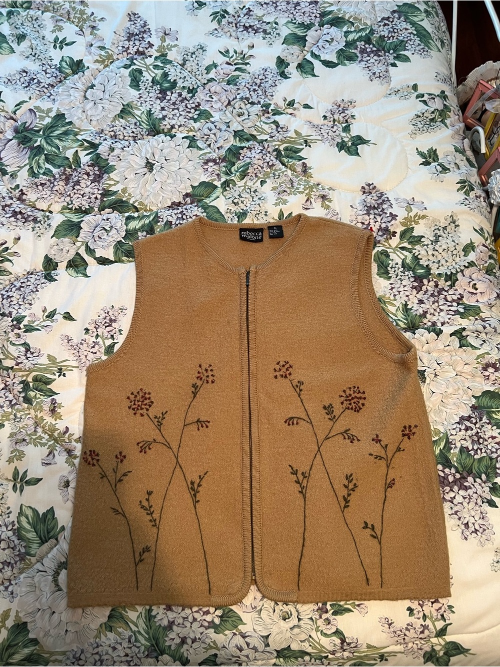 Rebecca Malone Womens Vest Sweater Zip Front Embroidered 100% Lambs Wool Size PL